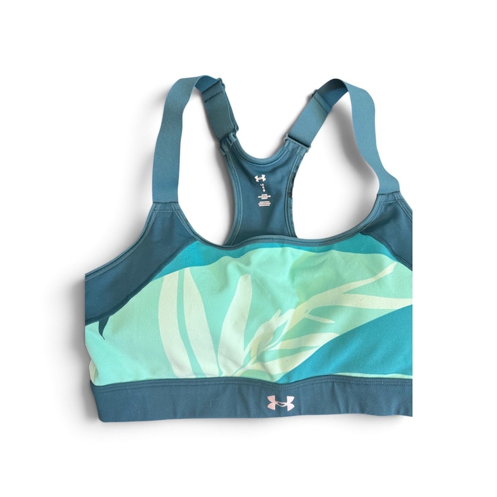 Under Armour HeatGear Sports Bra Teal Mint Tropical Leaf Print Racerback Large